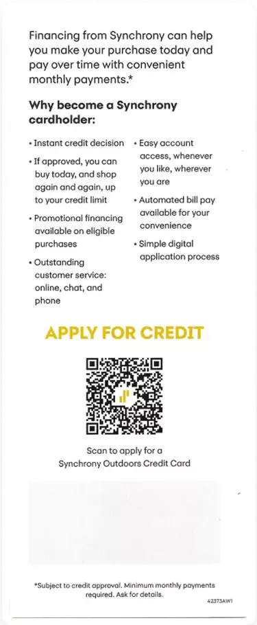 Synchrony credit application guide outlining cardholder benefits, instant credit decisions, and an application QR code.