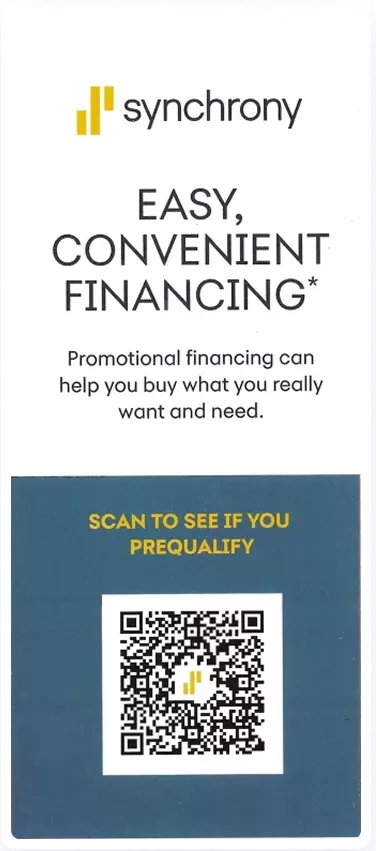 Official Synchrony promotional financing flyer featuring a scannable QR code to check RV repair prequalification without affecting credit score.
