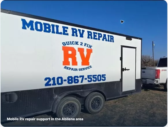 White Quick 2 Fix mobile RV repair service trailer dispatched for on-site claim inspections and warranty evaluations in Abilene, Texas.